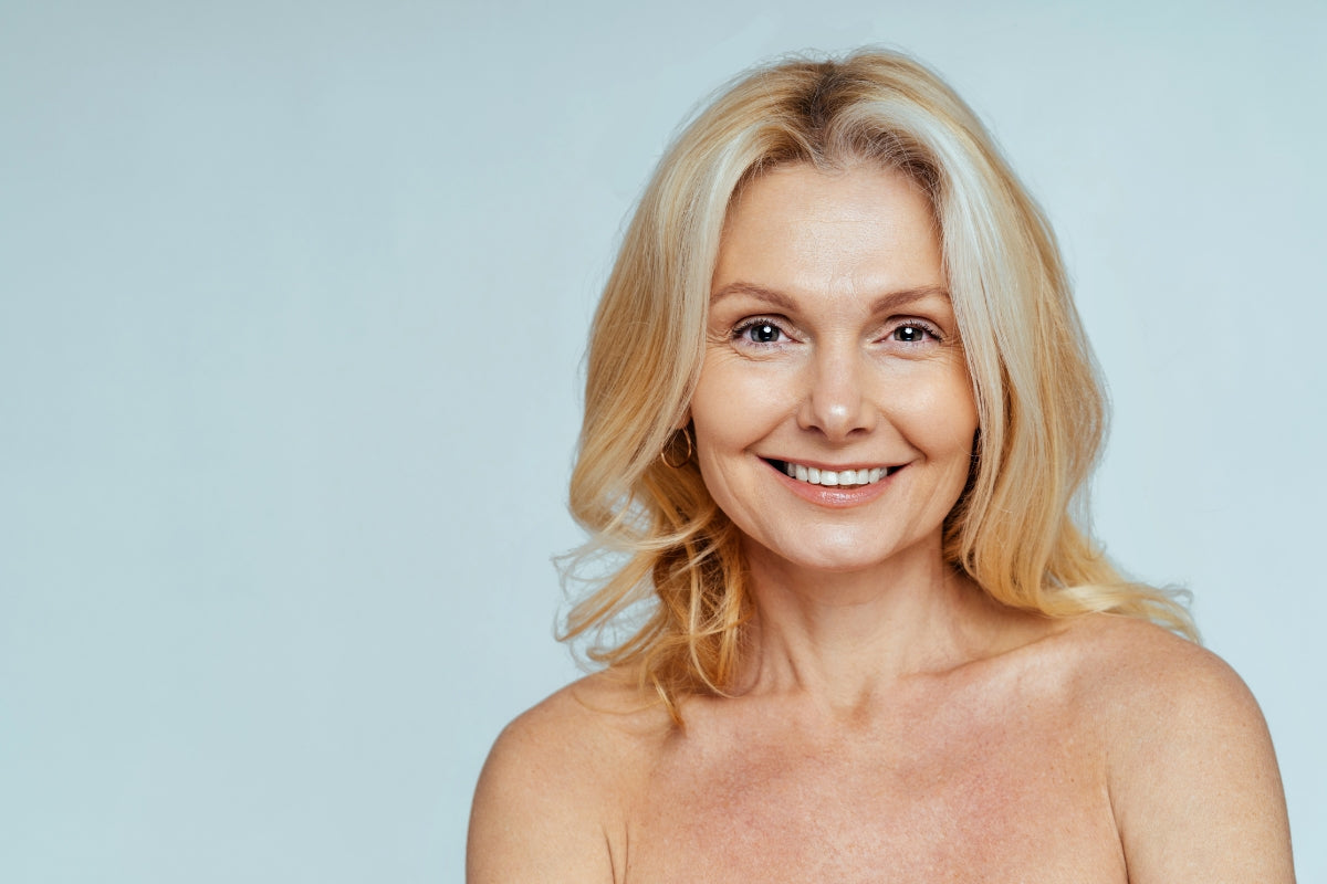 glowing mature skin woman after using peptides