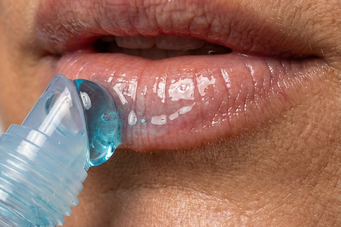 Applying lip oil for dry lips to achieve hydration and shine.