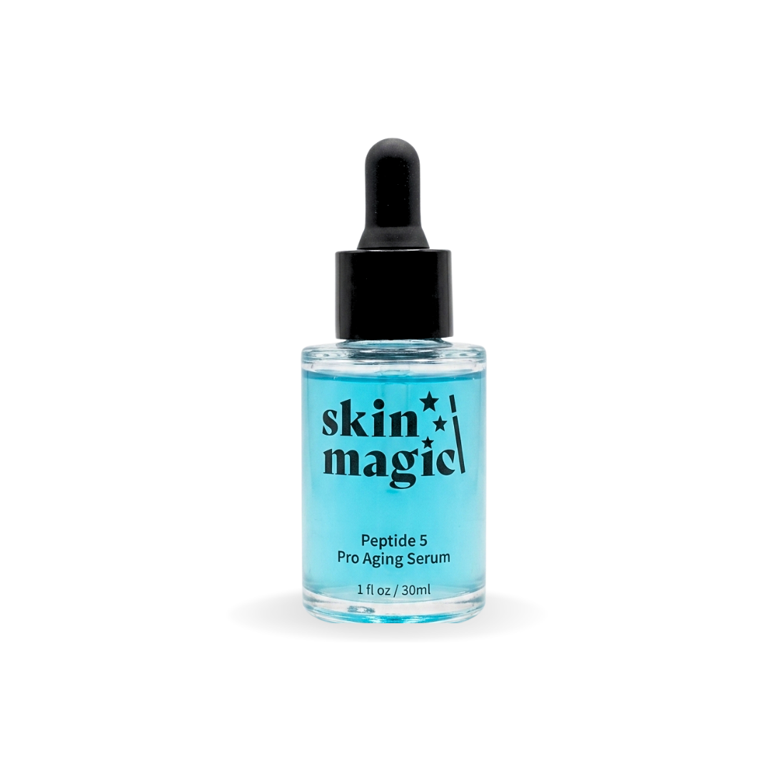 Peptide 5 Pro-Aging Serum in a glass bottle, promoting peptide serum for wrinkles to enhance skin health.