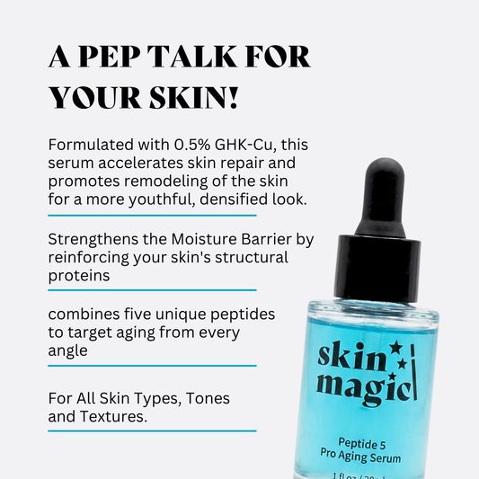 Peptide 5 Pro-Aging Serum, a peptide serum for wrinkles that promotes youthful, dense skin with unique peptides and GHK-Cu.