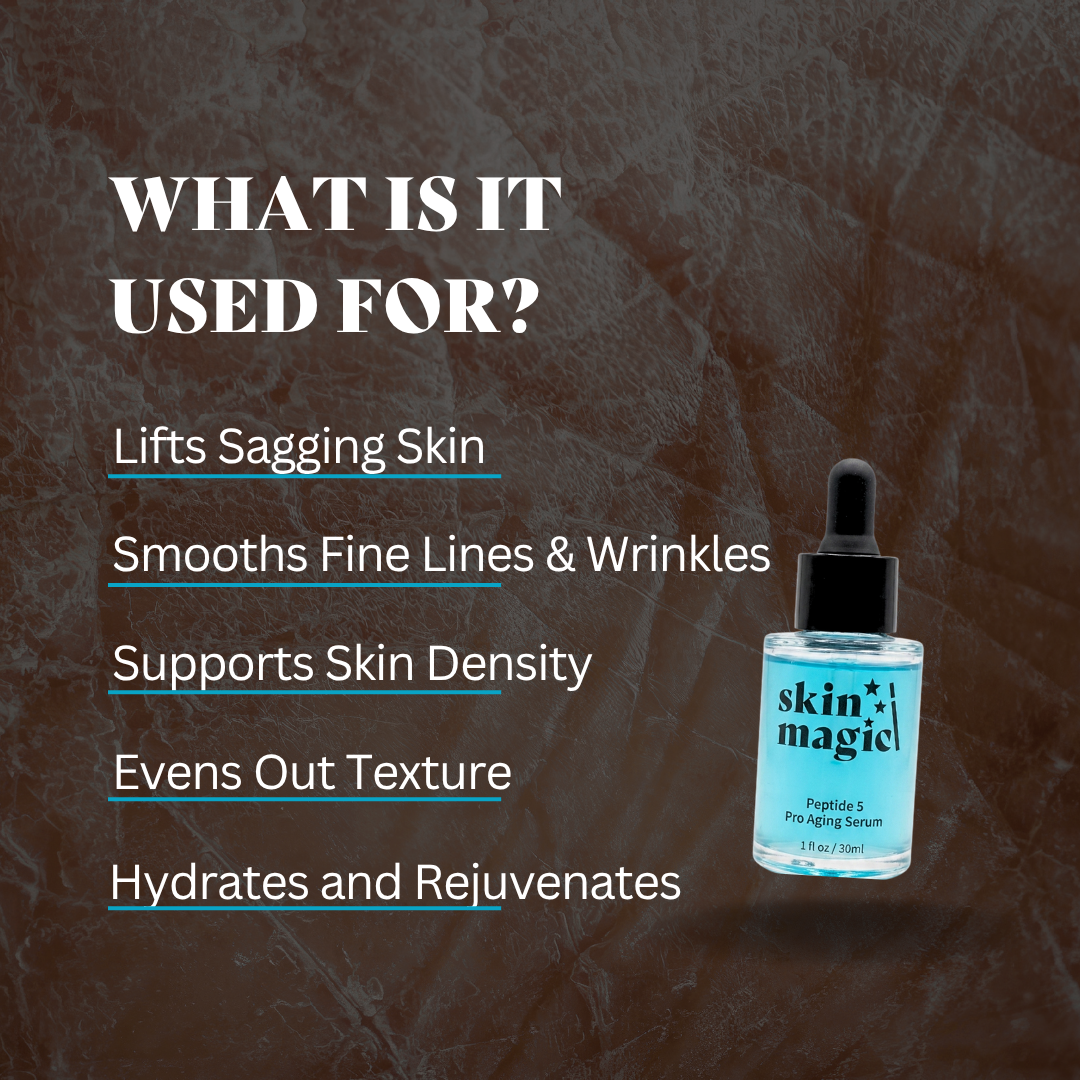 Peptide 5 Pro-Aging Serum benefits: lifts sagging skin, smooths fine lines & wrinkles, a peptide serum for wrinkles.