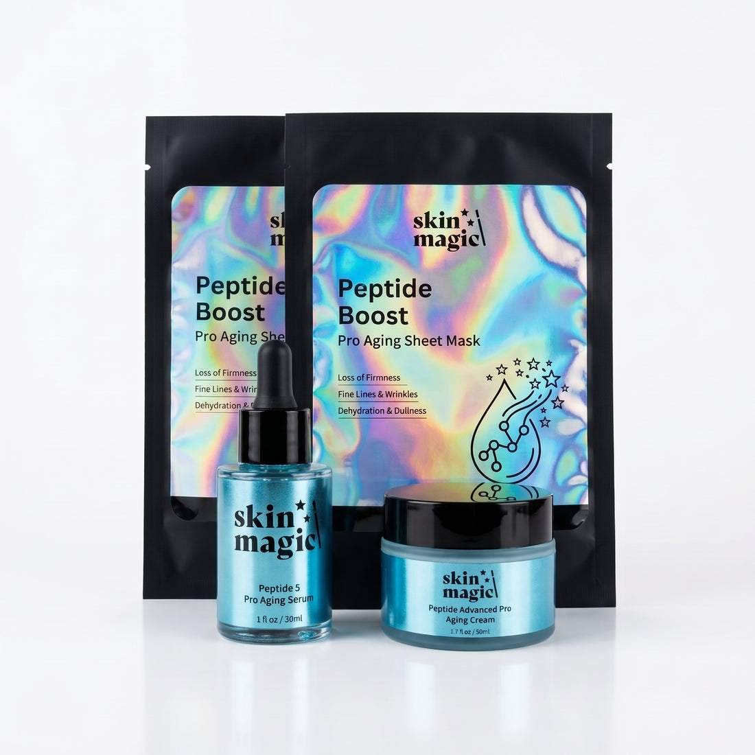 skin magic Peptide 5 Pro-Aging Serum, Peptide Advanced Pro-Aging Cream and two Peptide Boost Pro-Aging Sheet Masks